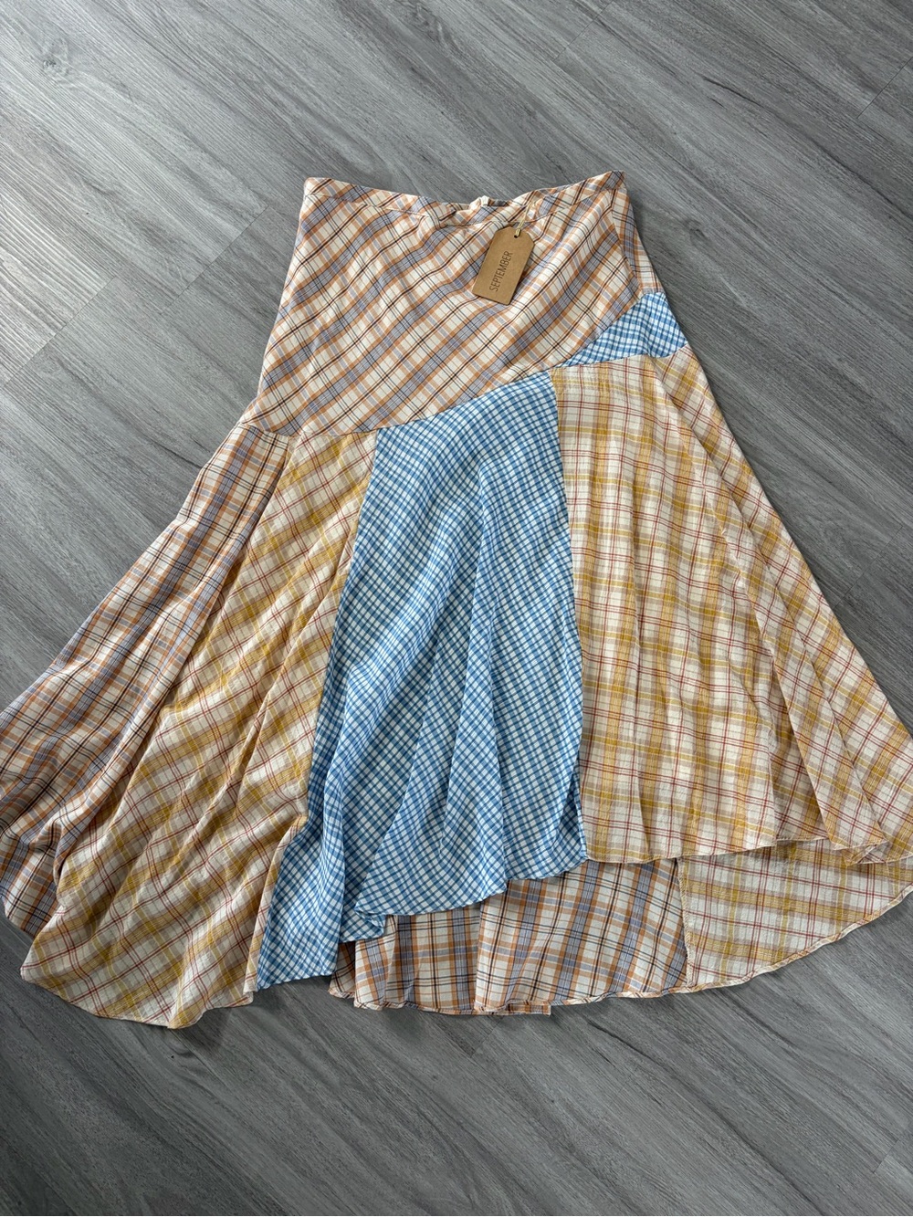 Patchwork Checked Midi Skirt in Blue and Cream